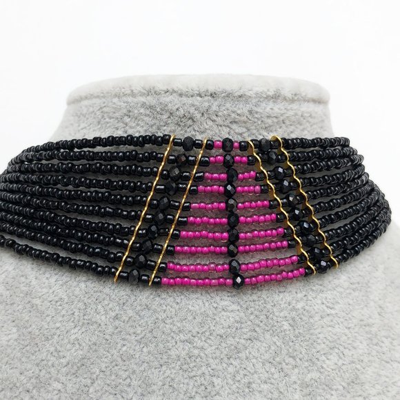 Hand Crafted Jewelry - Pink and black wide collar choker, accent multi strand choker necklace OOAK